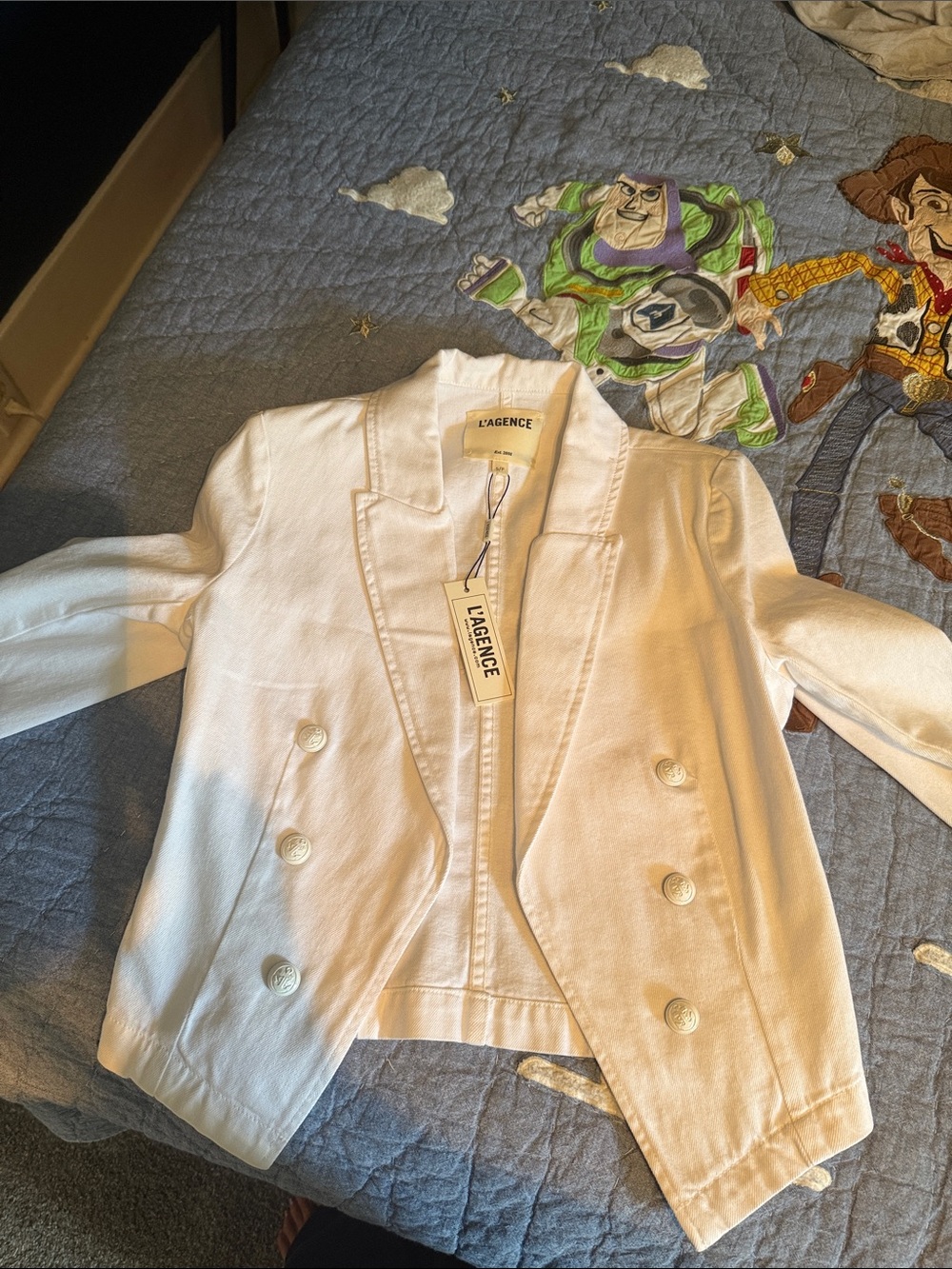 L'AGENCE White Double-Breasted Cotton Blazer